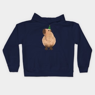 Christmas light up Capybara with string lights and a tree hat Kids Hoodie